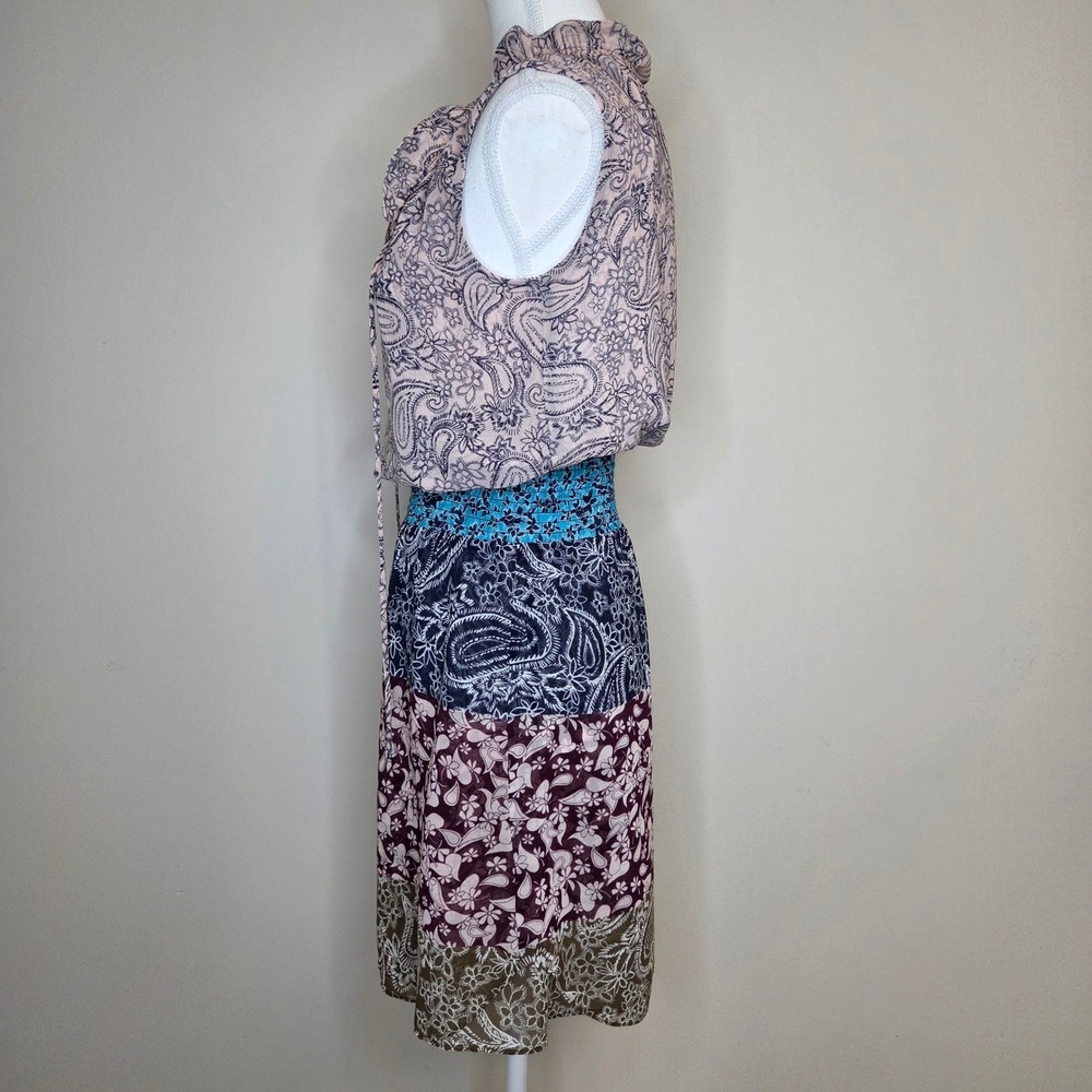 Cabi Paisley Tiered Ruffle Neck Smocked Waist Sleeveless Mini Dress XS - Picture 4 of 7